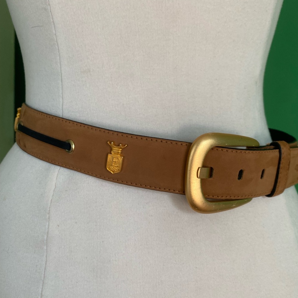 Vintage Escada brown suede with crest emblems and Gold Buckle